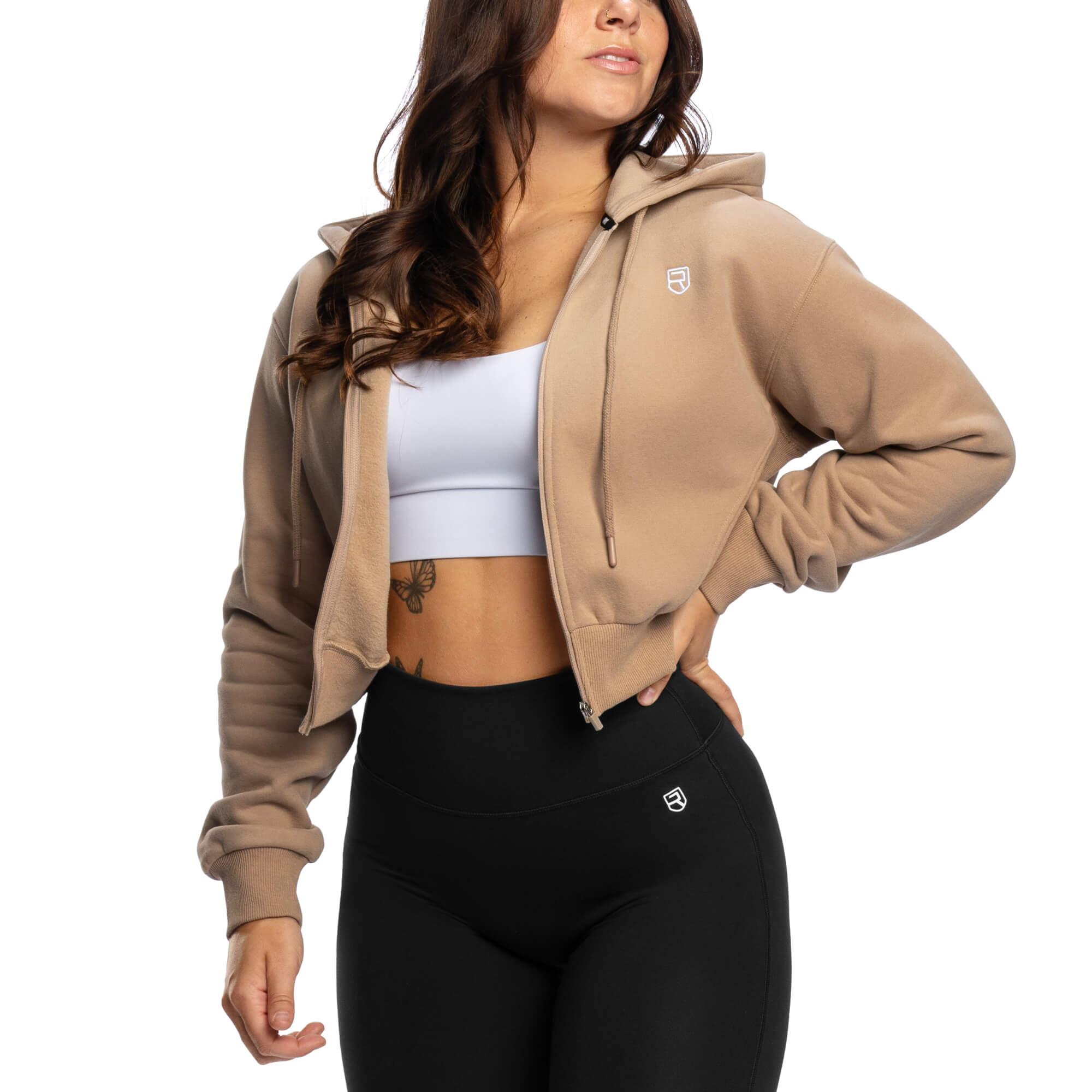 Comfy Crop Zip Hoodie - Beige