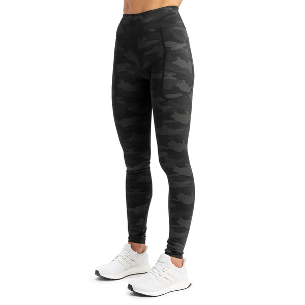 Women's Active High Rise Dark Camouflage Workout Leggings. • Elasticized  high-rise waistband • Dark camo print • 4 way stretch moves-with-you •  Moisture wick fabric • Full length design • Flattering seam